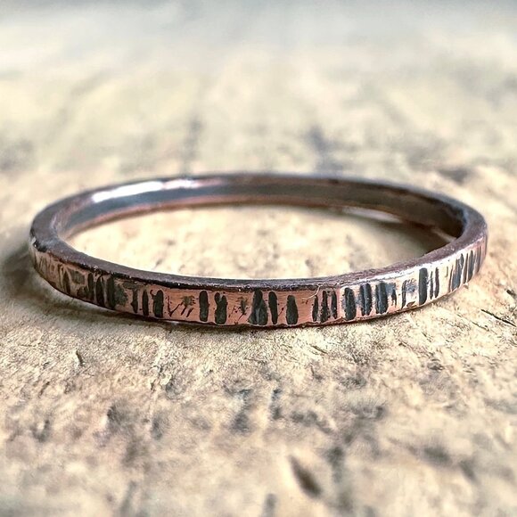 Raw Copper Tree Bark Ring Band Oxidized Stacking Ring UNSEALED UNCOATED - Size 8 - Picture 1 of 4